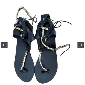 Ancient Greek Black Beaded Leather Sandals Sz 36